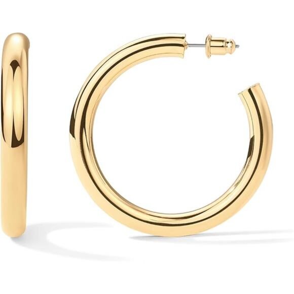 14K Gold Plated Lightweight Chunky OpenHoops for Women|Trendy Gold Hoop Earrings - Picture 7 of 7